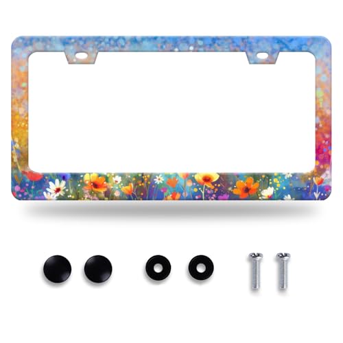 Watercolor Flower License Plate Frame Stainless Steel Car Accessory6.3x12.3 (Colorful Abstract Floral)