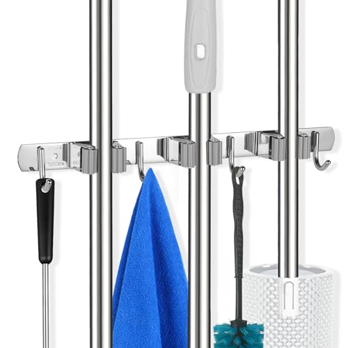3 Racks and 4 Hooks Mop and Broom Holder Wall Mount (3 Racks 4 Hooks / Silver)