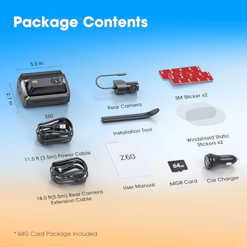 Z60 4K+1080P Dual Dash Cam (Z60-64GB SD Card)