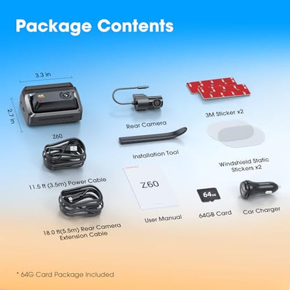 Z60 4K+1080P Dual Dash Cam (Z60-64GB SD Card)