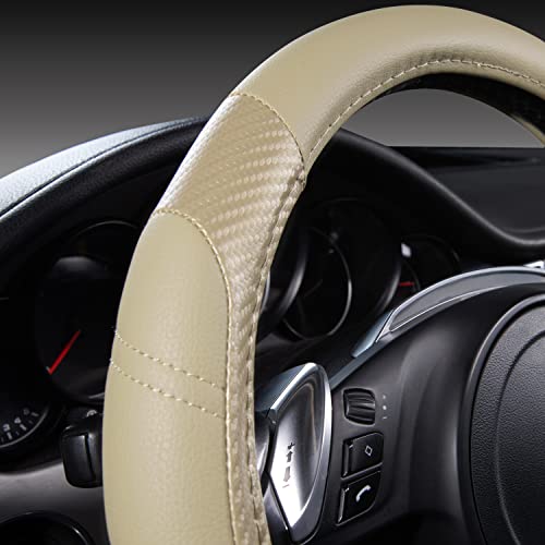 Line Rider Microfiber Leather Sporty Steering Wheel Cover Universal Fits for 95% Truck (Beige＆Carbon Fiber / Standard[14.5"-15"])