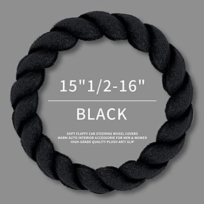 Luxury Fluffy Winter Car Steering Wheel Cover for Women Soft Warm Cute Auto Handle Cover for Jeep (Black / Large Size [15.2-16"] (38.6-40.5cm))