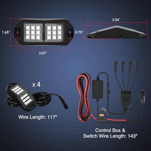 RGB LED Rock Lights Kit 4 PCS 18LED Wide Angle Wheel Well Light (4 Pods / RGB 18LED)