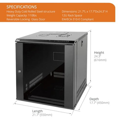 12U Wall Mount Server Cabinet IT Network Rack Enclosure Lockable Door and Side Panels Black (12U/Glass Door/Black)