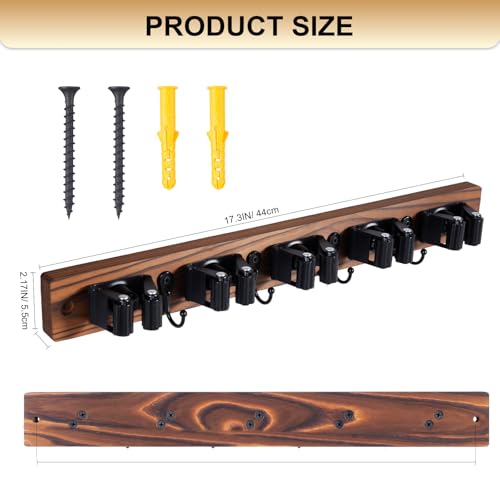Broom Holder Wall Mount With 5 Slots & 4 Hooks (Brown)