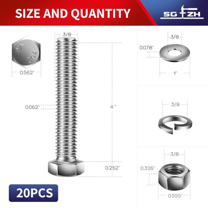 3/8-16 x 4 Hex Head Screw Bolt, Nuts, Flat & Lock Washers, 20Pcs 18-8 (304) Stainless Steel, Fully Threaded, by SG TZH (3/8-16 x 4" / Silver)