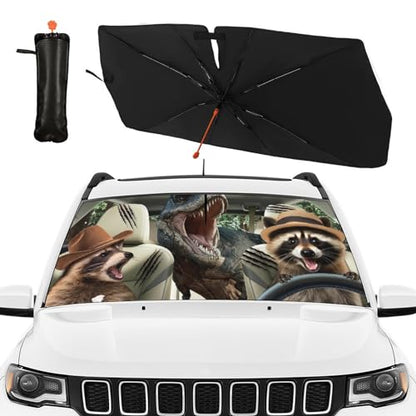 Funny Dinosaur Car Sunshade Umbrella for Windshield Foldable Raccoon Driving Car Sun Shade Cover with Bendable Handle Block UV Rays Sun Visor Protector Keep Vehicle Cool 57"x30" (147*75cm,33*11cm / Dinosaur Raccoon)