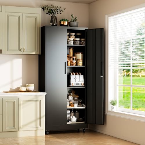 Metal Storage Cabinet for Garage (Black / L - 2 Doors & 5 Shelves (Wheeled))