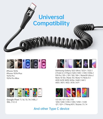 Coiled USB C Cable Fast Charging for Car 3FT (3FT/5FT / USB A to USB C / Black)