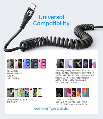 Coiled USB C Cable Fast Charging for Car 3FT (3FT/5FT / USB A to USB C / Black)