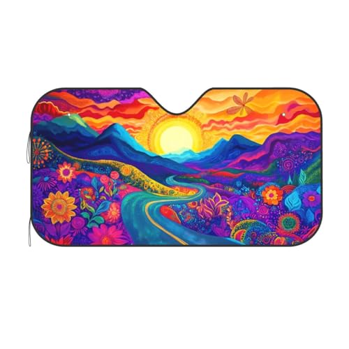 Abstract Flower Sunrise Car Sun Shade Windshield Sunshade Foldable Front Window Shield Cover for Truck SUV (Blue2 / Small)