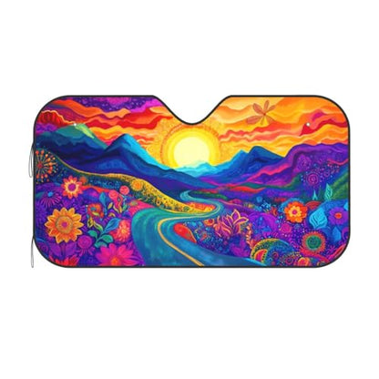 Abstract Flower Sunrise Car Sun Shade Windshield Sunshade Foldable Front Window Shield Cover for Truck SUV (Blue2 / Small)