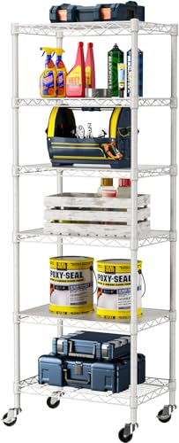 6 Small Wire Shelves Kitchen Pantry Close Home Organizers and Storage Bathroom Shelf Laundry Room Organization Adjustable Book Metal Garage Shelving Unit (White / 6-Tier 11.8"D X 17.3"W X 61.7"H)