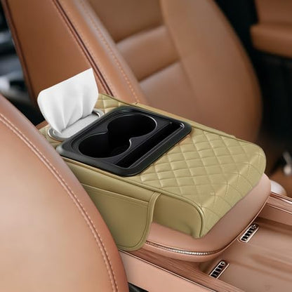 5-in-1 Car Armrest Cushion, Multifunctional PVC Leather Center Console Armrest Pillow Elbow, Universal Arm Box Pad Cover with Cup Holder, Phone Slot, Tissue Box Slot & 2 Storage Bags, Beige (Beige)