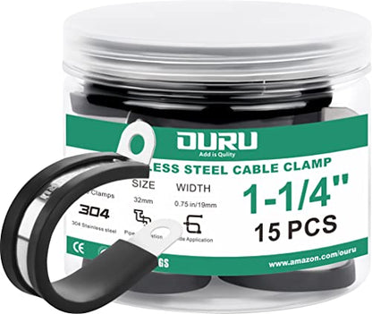 15pcs 1-1/4 Inch Stainless Steel Cable Clamps,Rubber Coated Cushioned Insulated Cable Clamp,Automotive Cable Wire Clamps,Pipe Clamps,Metal Clamp for Tube,Lines,Wire Cord Installation(Black,32mm) (15pcs - 1-1/4")