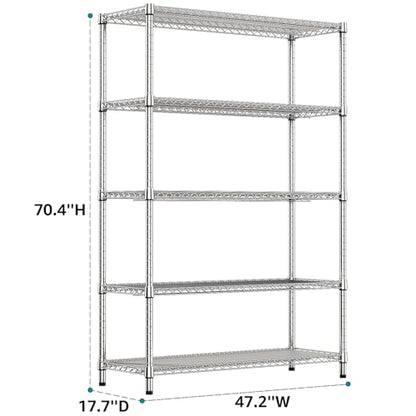4250 LBS Garage Shelving Wide Storage Shelves 5 Tier Metal Shelves Heavy Duty Adjustable Utility Shelf Rack Chrome 17.7" D x 59.1" W x 70.4" H (5 Tier, 17.7" D x 59.1" W x 70.4" H / Chrome)