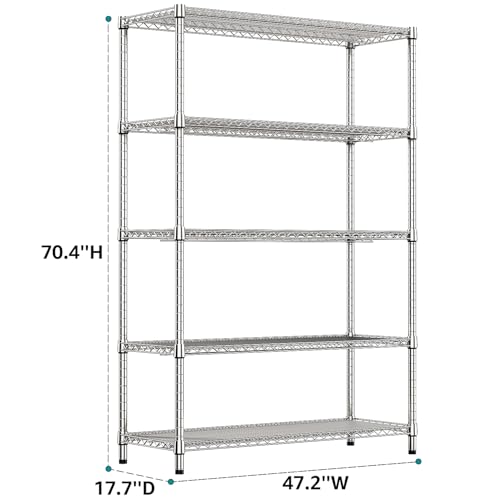 4250 LBS Garage Shelving Wide Storage Shelves 5 Tier Metal Shelves Heavy Duty Adjustable Utility Shelf Rack Chrome 17.7" D x 47.2" W x 70.4" H (5 Tier, 17.7" D x 47.2" W x 70.4" H / Chrome)