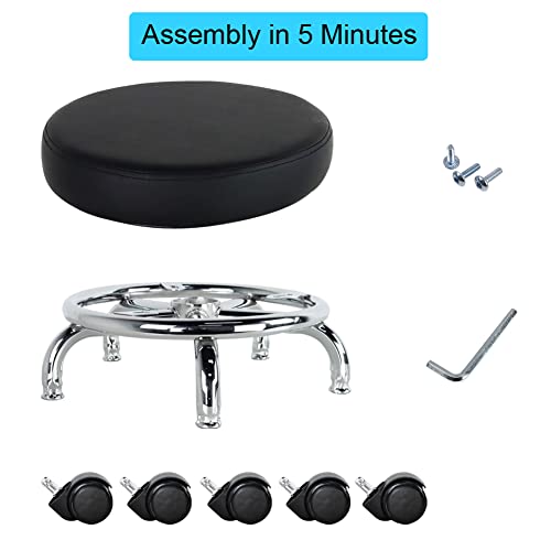 Modern Roller Seat PU Leather Low Round Rolling Stool 360° Swivel Small Seat with Universal Wheels Foot Stool for Home Office Garage Shop Fitness Sport H：8.6" （Black） (Black)