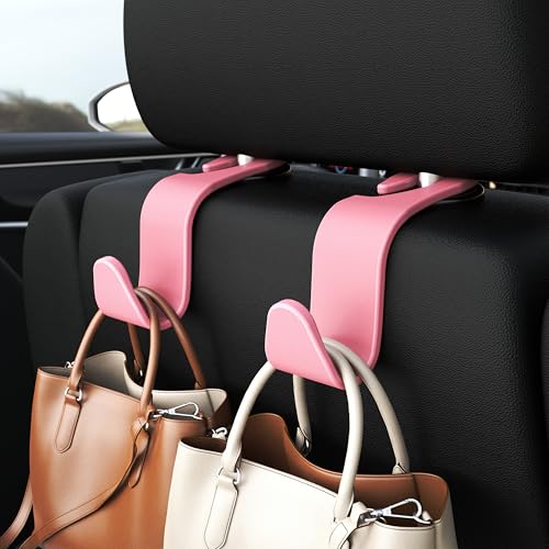4 Pack Car Headrest Hooks Holds 55lbs Seat Storage Organizer for Bags (Pink)