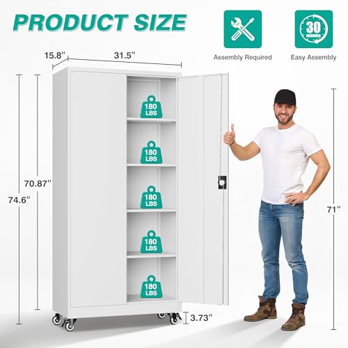 75" Tall Metal Storage Cabinet with Wheels (75"H x 31.5"W x 16"D / White)