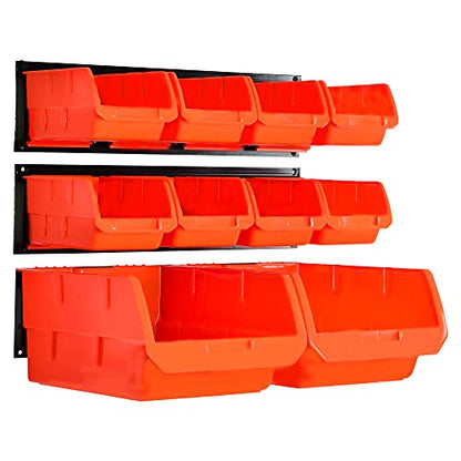 10 Bin Wall Mounted Plastic Storage Bins Hanging Organizer Bins (Orange / 10Bins+3Rails)