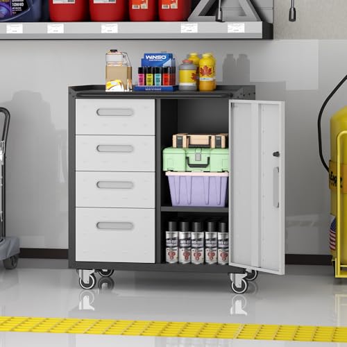 Metal Storage Cabinet for Garage (Black & Gray / M - 4 Drawers & 1 Door (Wheeled))