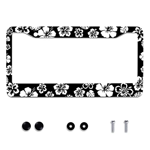 Hibiscus Hawaii Flowers License Plate Frames Floral License Plate Holder (Black White Hibiscus)