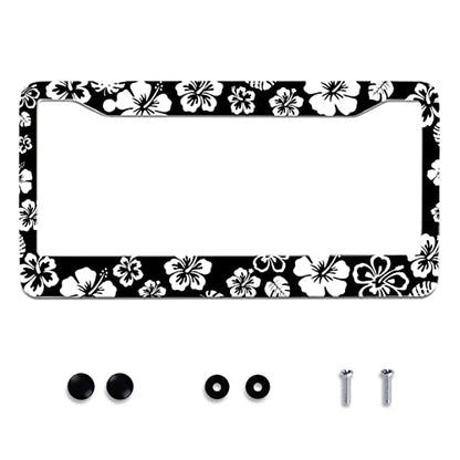Hibiscus Hawaii Flowers License Plate Frames Floral License Plate Holder (Black White Hibiscus)