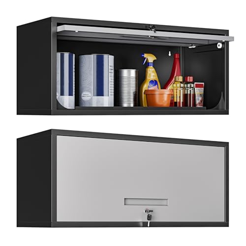 Metal Garage Wall Cabinet with Doors (13"D x 32"W x 14"H / Gray Black)