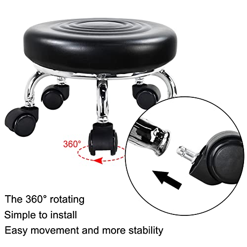Roller Seat PU Leather Foot Stool Low Rolling Stool 360° Round Step Stool (Black)