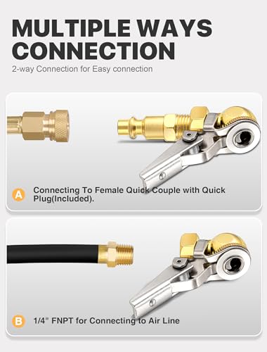 2-Pack 1/4 Inch Female NPT Closed Ball Tire Inflator with Clip, Locking Quick Connect, Clip-On Air Chucks for Truck RV Auto Car Air Compressor (1/4'' NPT Quick Plug)