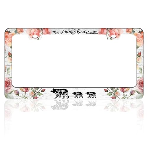 Mama Bear Flowers License Plate Frame Stainless Steel 6.3 X 12.2 Inch (Mama Bear)