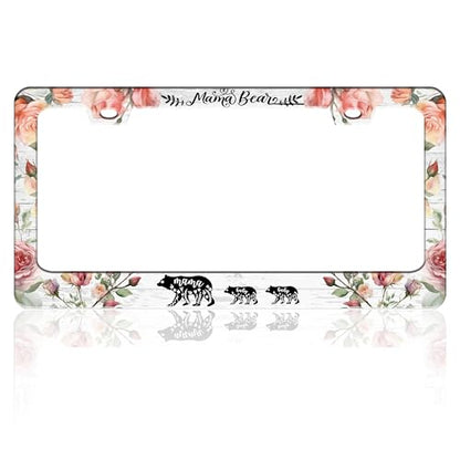 Mama Bear Flowers License Plate Frame Stainless Steel 6.3 X 12.2 Inch (Mama Bear)