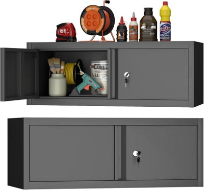 Metal Wall Cabinet with Lock and Doors (Black / 12.8"H)