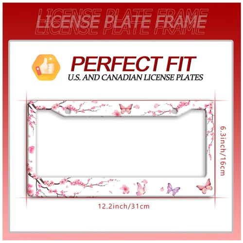 Pink Cherry Blossom Butterfly License Plate Frame for US Cars Decor (Pink Cherry Blossom Butterfly)
