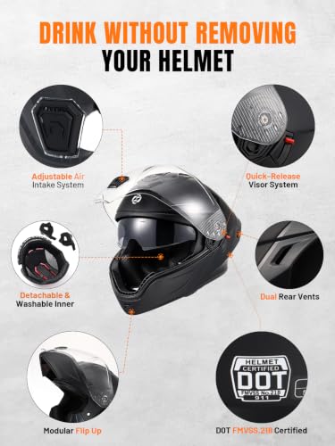 Modular Motorcycle Helmet DOT Certified Full Face Helmet Flip up Street Motorcycle Helmets for Unisex Adult Matte Black Full Face Motorcycle Helmet (Flat Black / Large)