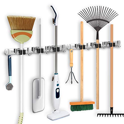 2 Pack Broom Holder Wall Mount Stainless Steel Mop Organizer (Stainless Steel - 3 Racks with 4 Hooks / 2 Pack)