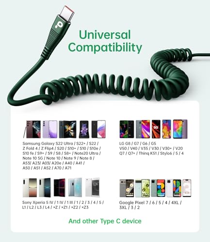 USB C Cable Fast Charging 60W 5FT 2Pack Coiled USB A to USB C Cable for Car (5FT / USB A to USB C / Green)