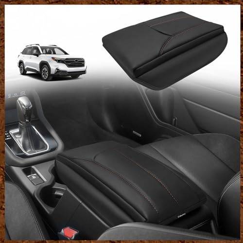 Armrest Cover for Subaru Forester 2025 Accessories (21) 25+ |Forester| Black/Brown Stitching, +Thick)