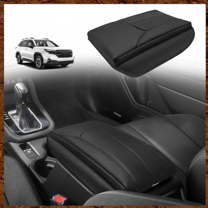 Armrest Cover for Subaru Forester 2025 Accessories (21) 25+ |Forester| Black/Brown Stitching, +Thick)