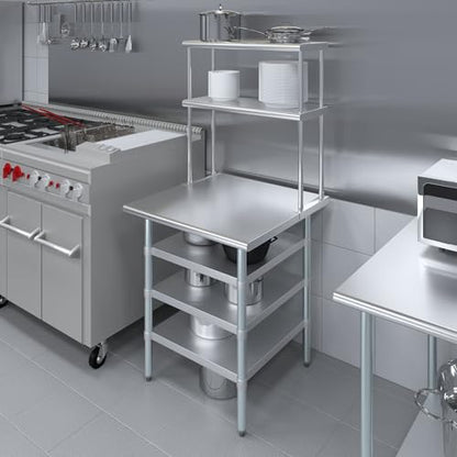 30" x 30" Stainless Steel Work Table with 3 Shelves and 12" Wide Double Tier Overshelf (30" x 30" Table with 3 Shelves + 12" Overshelf)