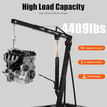 Folding Engine Crane 2 Ton Folding Engine Hoist 4400lbs Crane Hoist Lift with 6 Iron Caster Wheels for Garage (Black-A / 2T-4400lbs)