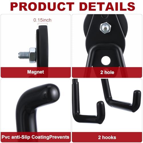 14 Pcs Large Magnetic Hooks Heavy Duty Garage Magnet Hooks Strong Storage Utility Magnetic Hangers with Anti Slip Rubber Coating for Indoor and Outdoor Hanging (Black)