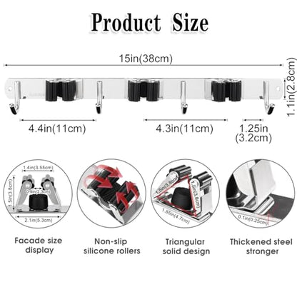 Broom Holder Wall Mount (3 Racks & 4 Hooks (Silver) - 1 Pack)