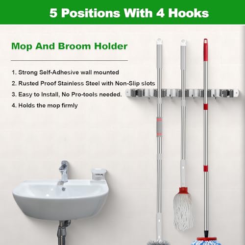 2 Pack] 5 Racks and 4 Hooks Mop and Broom Holder Wall Mount (5 Racks 4 Hooks 2 Packs / Silver)