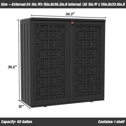 Indoor Outdoor Storage Cabinet Waterproof with Shelf (Black)