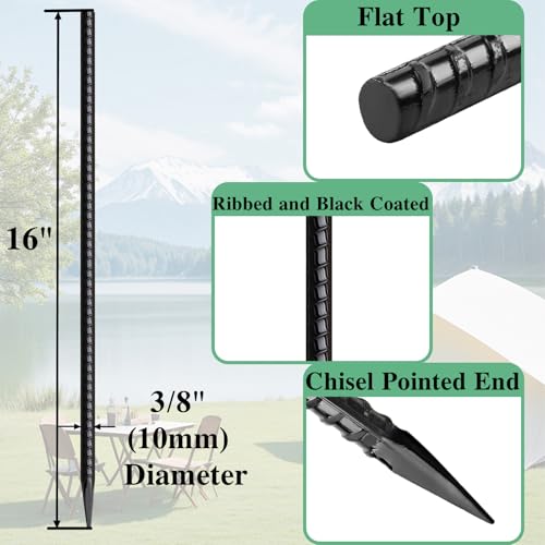 Rebar Stakes 16 Inch 20 Pack Heavy Duty Ground Anchors with Chisel Point End Long Straight Steel Tent Stakes 3 (I-16"x3/8"-20pcs)