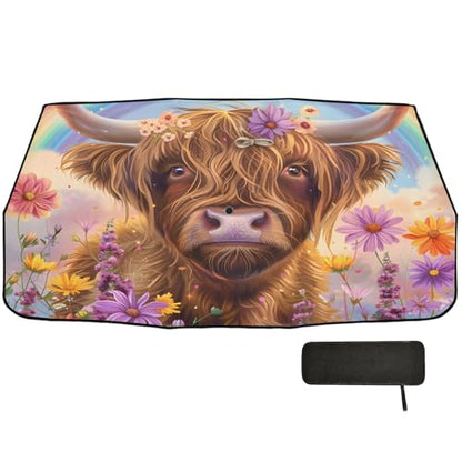 Car Front Windshield Sunshade (Highland Cow With Rainbow)