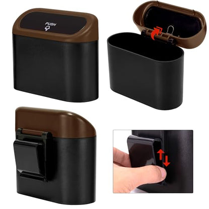 2 Pack Mini Car Trash Can with Lid (Black/Brown)