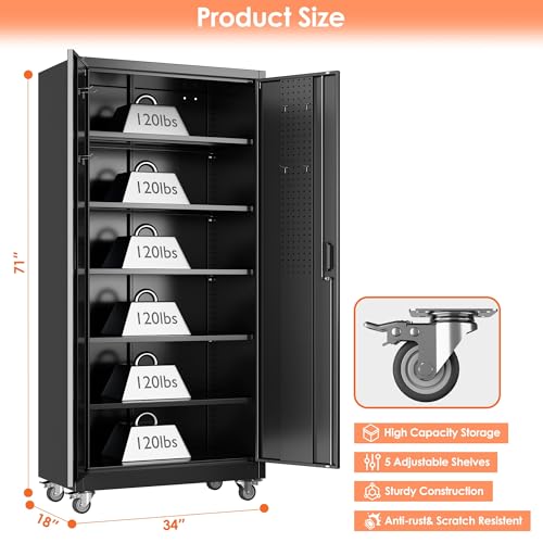 Garage Storage Cabinet with Wheels & Pegboard Doors (Black / 18"D x 34"W x 71"H)